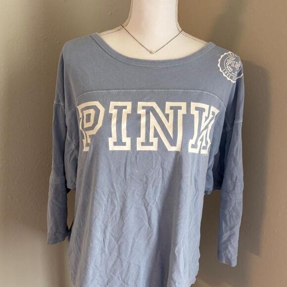 Victoria's Secret Tops - Victoria's Secret PINK blue cotton long sleeve shirt with white 'PINK' text